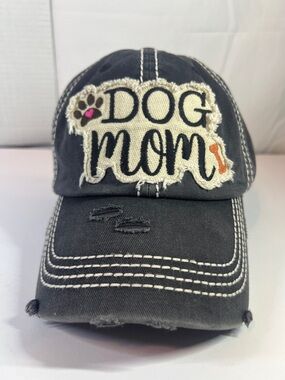 “Dog Mom” Distressed Look Embroidered Patch Cap - Charcoal